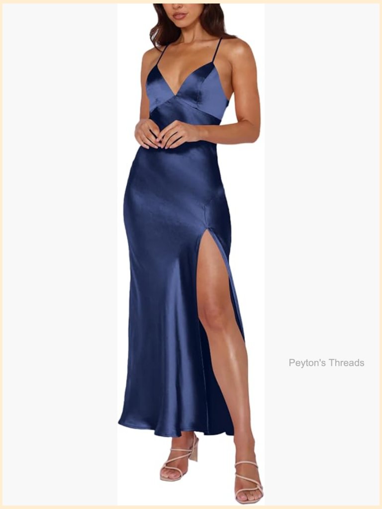 Satin V-Neck Spaghetti Strap Split Maxi Dress